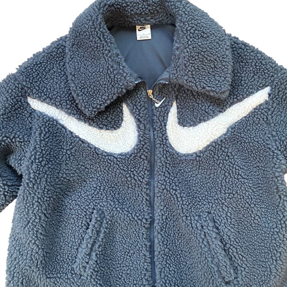Nike Double Swoosh Sherpa Faux Fur Teddy Blue Full-Zip Jacket Size L - Picture 5 of 12